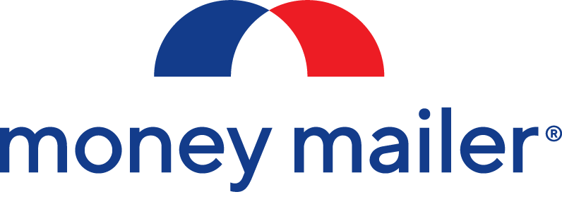 The logo for Money Mailers features overlapping blue and red semi-circles above the brand name in dark blue text.
