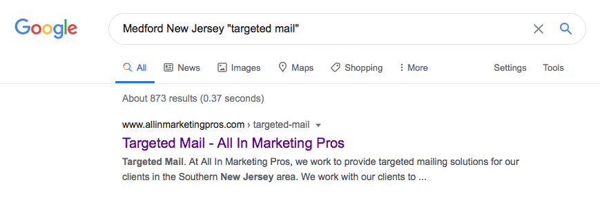 Google search results for "Medford New Jersey 'targeted mail'" displaying a website tag, a website link, and a brief description.